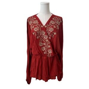 Savanna Jane Women's Large Rust Orange Embroidered Wrapped V-Neck Casual Blouse